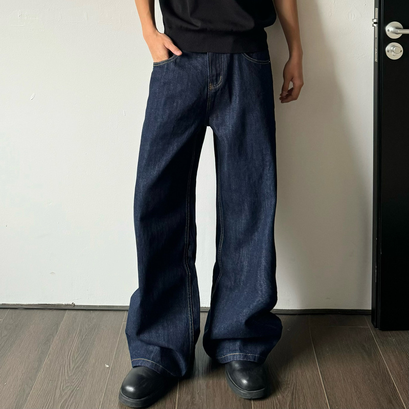 Mutt Red-Edged Dark Blue 14.5 oz Raw Denim Straight-Leg Flared Wide-Leg A-Line Pants