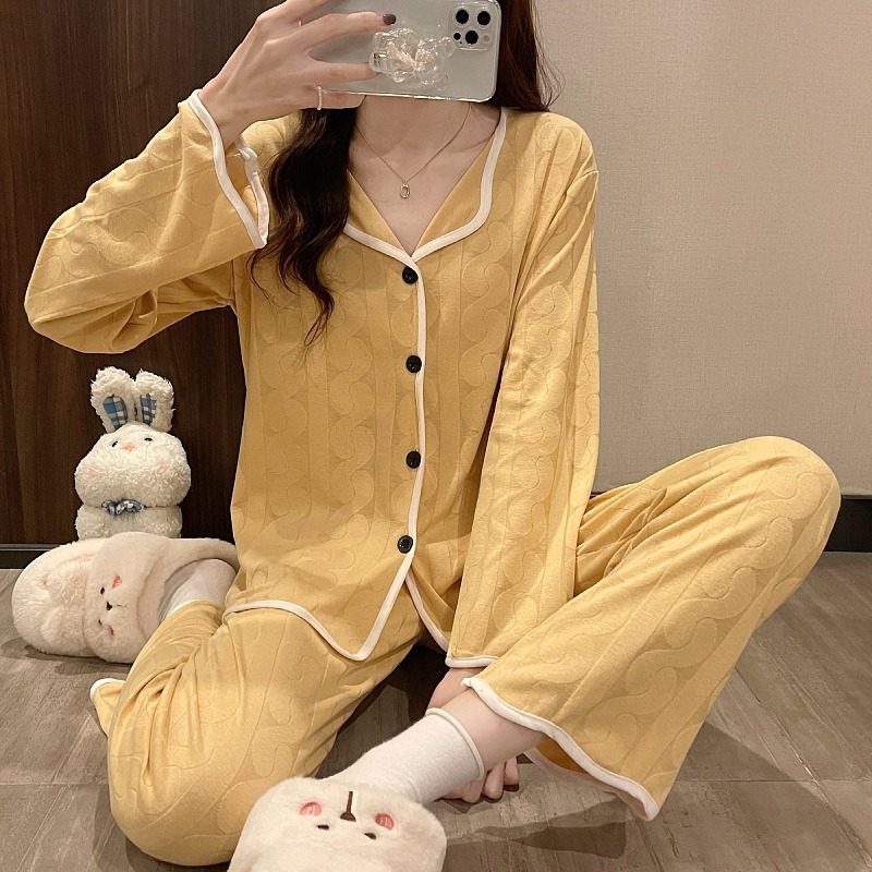 Sleepwear Girl Spring Autumn Pure Cotton New 2021 Long Sleeve Net Red Popcorn Autumn Winter Home Cuddly Suit Yellow