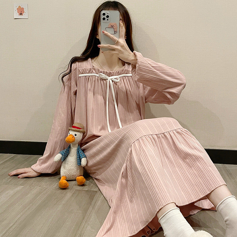 Sleeping Dress Lady Spring Autumn New Pure Cotton 2022 Older Section Big Code Cute Long Sleeves Summer Pregnant Woman Loose Sleepwear Bean Sand-Taobao