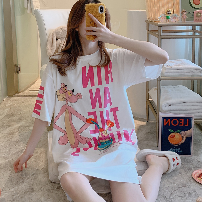 Sleeping Skirt Woman Summer Pure Cotton Long Version Spring Autumn Summer Cute And Thin Princess Full Cotton Pregnant Woman Short Sleeve Loose Palate White Leopard