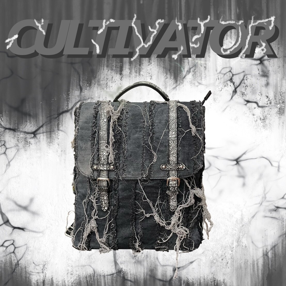 Cultivator Original personality street backpack Black washed old denim Tassel men's and women's backpack