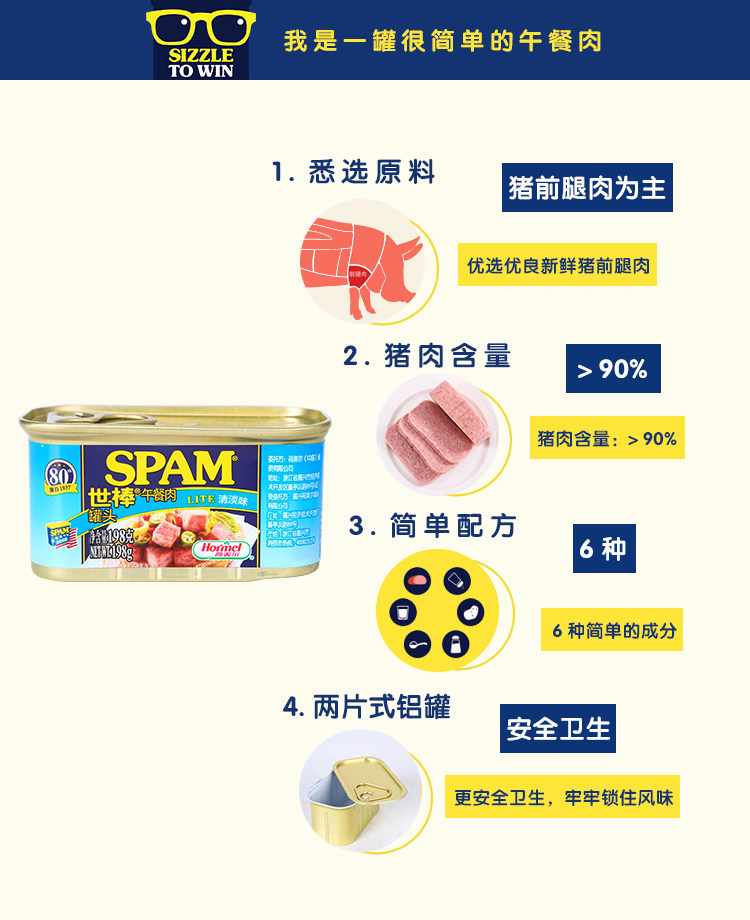 SPAM 世棒 午餐肉罐头清淡味198g*4罐 图2