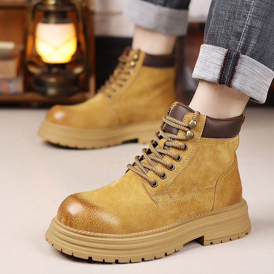 High top Martin boots men's winter genuine leather British style bumblebee heightening short boots high-end American large-toe work boots