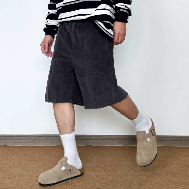 Slow Band American Casual Simple Elastic Waist Corduroy Loose Frayed Shorts Unisex Straight Five-Point Shorts Slow Band American Casual Simple Elastic Waist Corduroy Loose Frayed Shorts Unisex Straight Five-Point Shorts