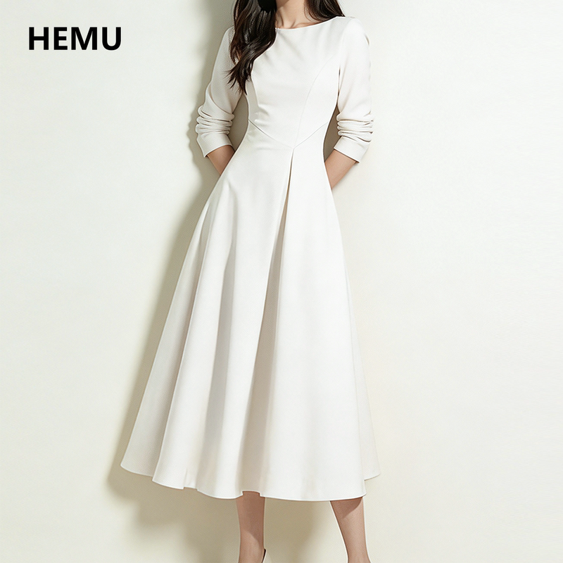 White Long-Sleeved Dress for Women, French-Style, Suitable for Important Occasions, Engagement Dress, Long Dress, Early Autumn, High-End Feel White Long-Sleeved Dress for Women, French-Style, Suitable for Important Occasions, Engagement Dress, Long Dress, Early Autumn, High-End Feel
