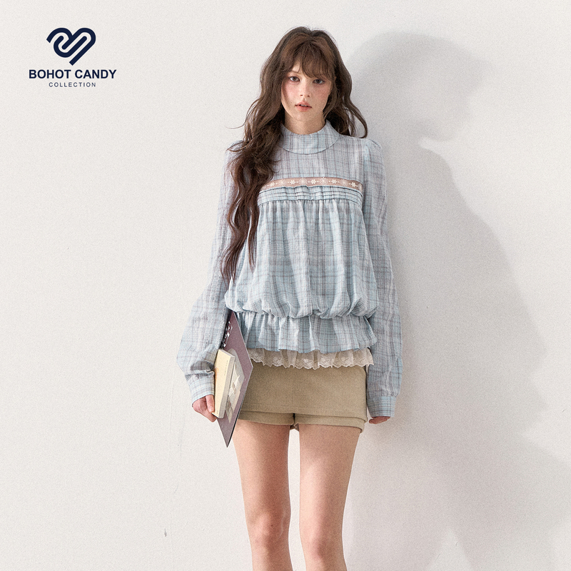 Mint-Colored Bohotcandy French Retro Plaid Doll Collar Lace Patchwork Ruched Shirt Top Mint-Colored Bohotcandy French Retro Plaid Doll Collar Lace Patchwork Ruched Shirt Top