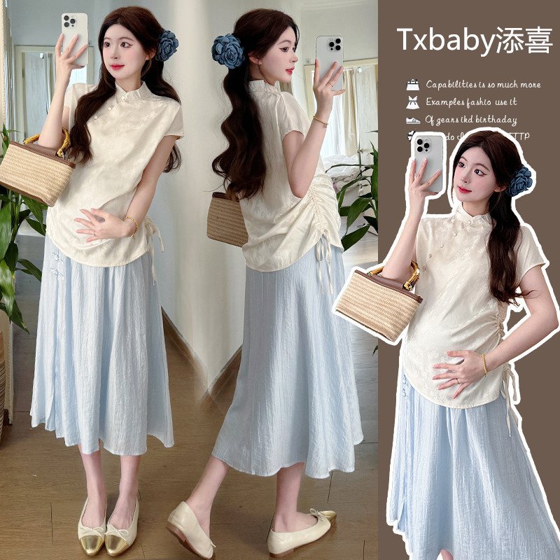New Summer Maternity Wear Set with a New Chinese-Style High-End Top and Blue Skirt Two-Piece Set