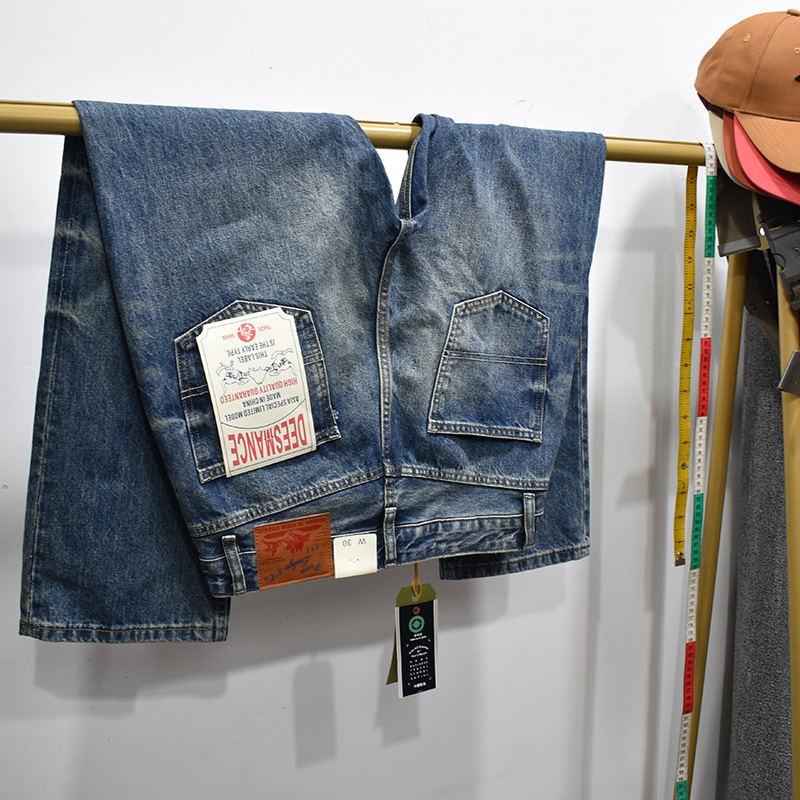 Spring and Autumn All-Season Long-Lasting Style Card Machine Workwear Washed Vintage Distressed Slim-Fit Straight-Leg Denim Pants Pure Cotton Jeans