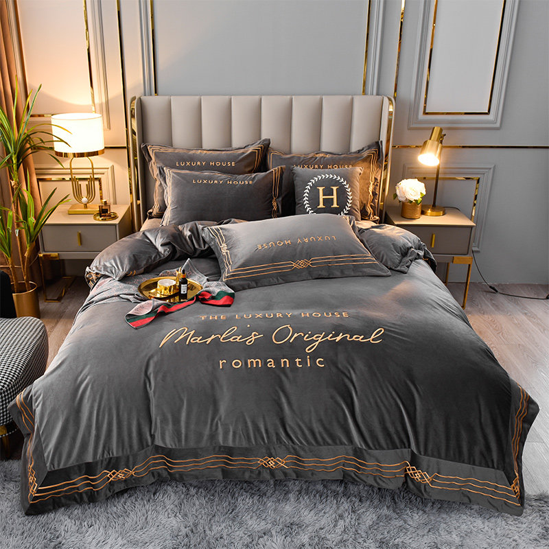 Winter thickened velvet warm embroidery coral velvet four-piece set double-sided flannel bedding