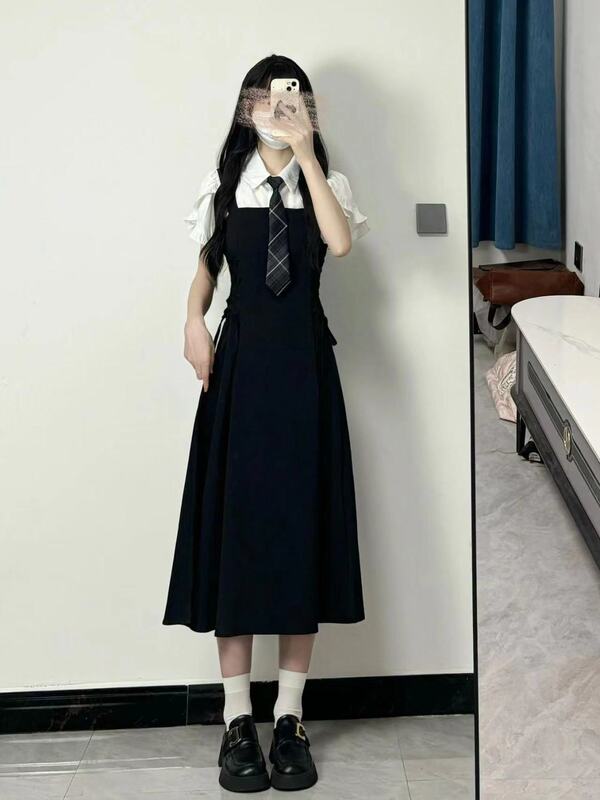 Suspender Little Black Dress Preppy Suspender Dress Summer Polo Collar Short-Sleeved Shirt Small Waist Slimming Look Suit