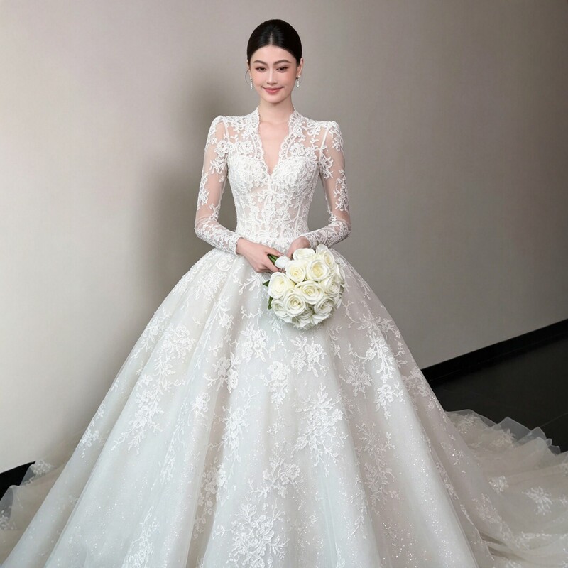 French-Style Long-Sleeve Light Wedding Dress 2026 New Bridal Gown with High-Quality Texture, Heavy Craftsmanship, V-Neck, Vintage Lace, and Long Train