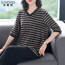 Plus Size Womens Striped T-shirt 2021 Autumn New Top Slimming 200 Jin Fat mm Long base shirt Tide