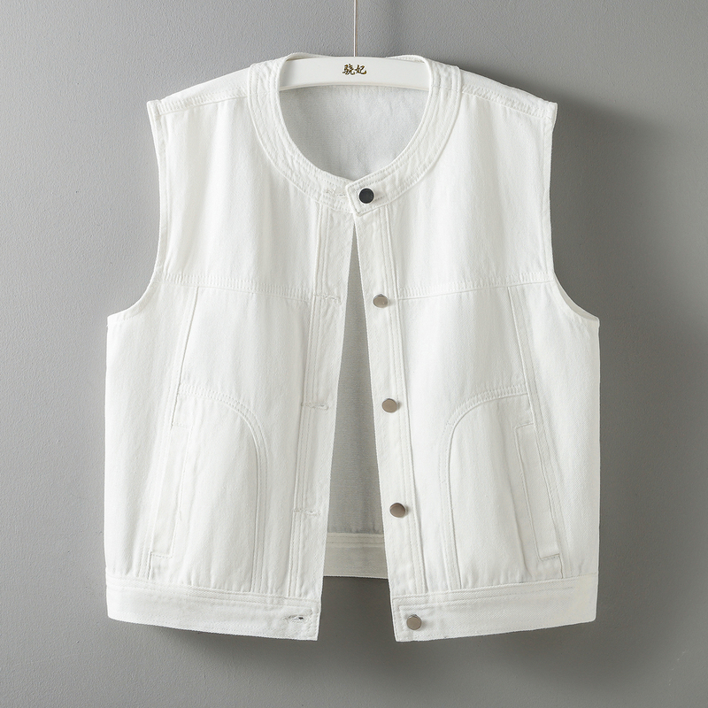 Stand Collar Denim Vest for Women, White, 2026 Spring and Autumn, Button-Up Cardigan, Sleeveless, Versatile Casual Vest, Outerwear Stand Collar Denim Vest for Women, White, 2026 Spring and Autumn, Button-Up Cardigan, Sleeveless, Versatile Casual Vest, Outerwear
