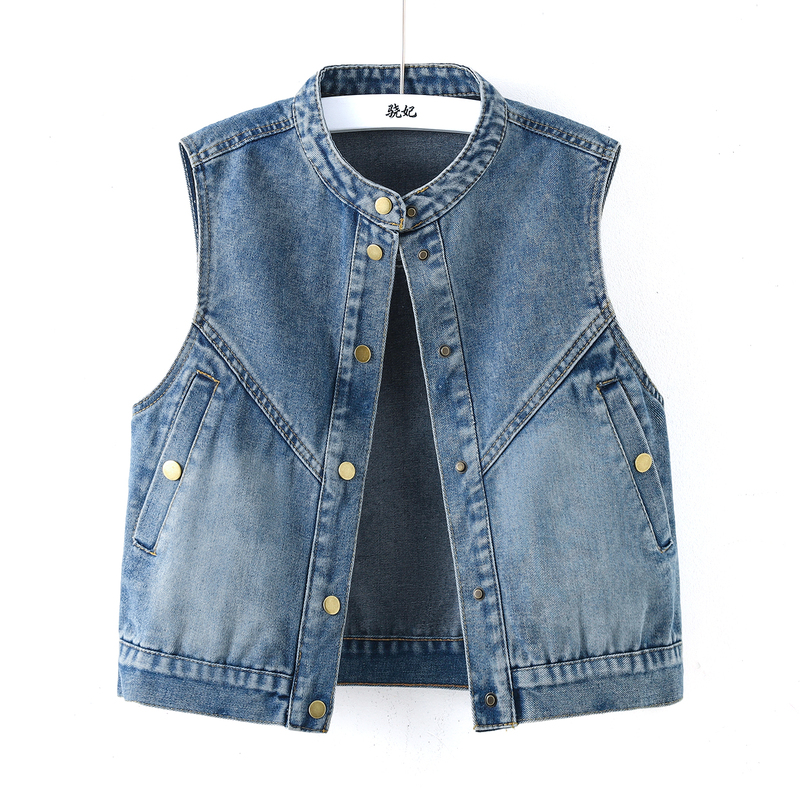 Hong Kong Style Retro Stand-Up Collar Denim Vest for Women, Short Sleeveless Jacket, Layered Look, Slimming Waistcoat, Autumn 2026
