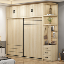 Wardrobe sliding door modern simple home bedroom furniture overall wooden combination Nordic wood color large cabinet