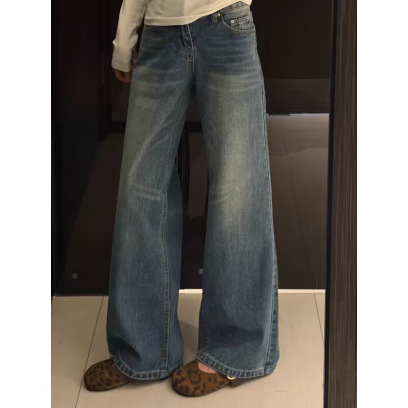 Dundun Forest Plus Size Retro Blue Design Distressed Denim Jeans for Women High Waist American Retro Washed Wide-Leg Pants