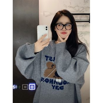 Korean style lazy style sweater for women autumn and winter new japanese style retro college style bear jacquard loose knitted sweater top
