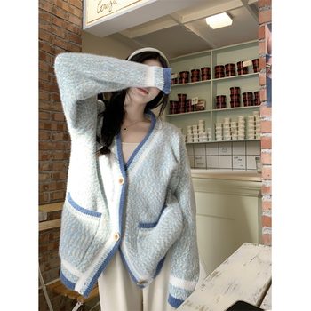 Women's blue v-neck thick sweater jacket autumn and winter
