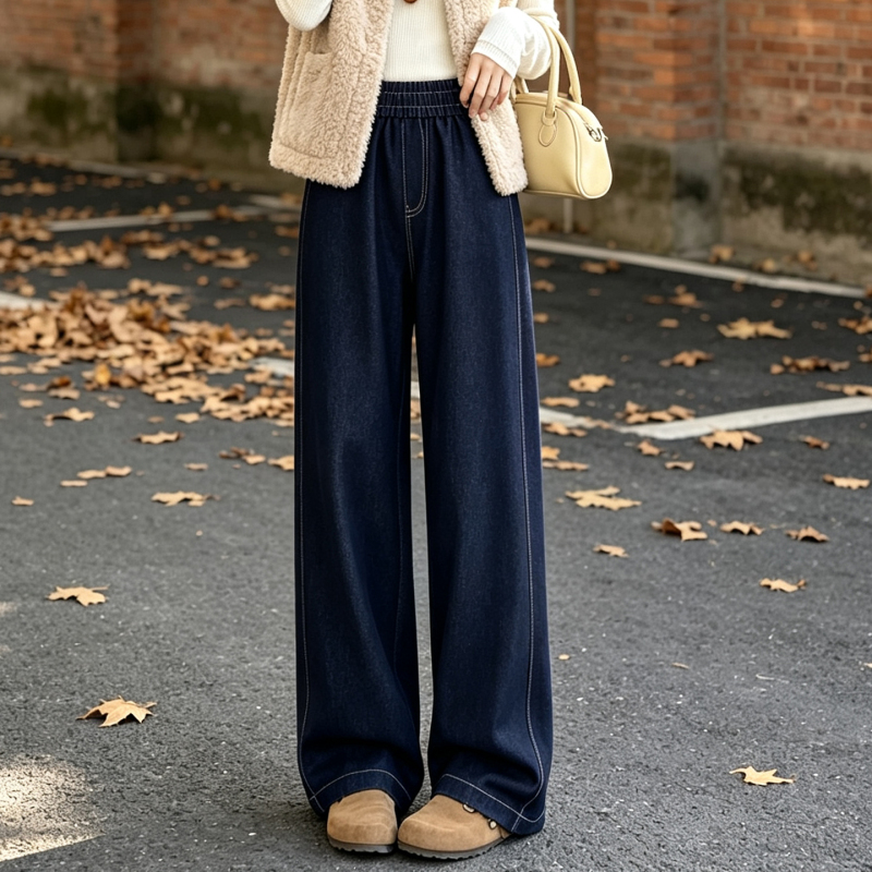 Elastic Waist Dark Blue Narrow Wide-Leg Jeans for Women, Spring, Autumn, and Winter, Plus Size, for Petite Women, Fleece-Lined, Thickened, Straight-Leg Pants Elastic Waist Dark Blue Narrow Wide-Leg Jeans for Women, Spring, Autumn, and Winter, Plus Size, for Petite Women, Fleece-Lined, Thickened, Straight-Leg Pants