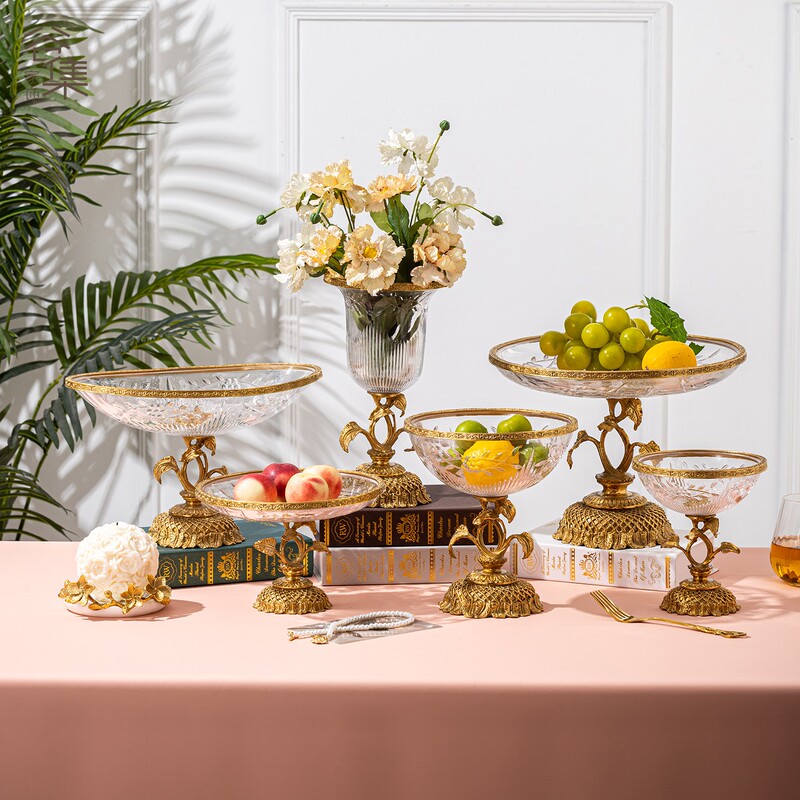 French-Style Light Luxury Brass Fruit Plate, Light Luxury Crystal Glass Tray, Decorative Piece, Dining Table Fruit Bowl, Dessert Plate, Vase, Flower Vessel