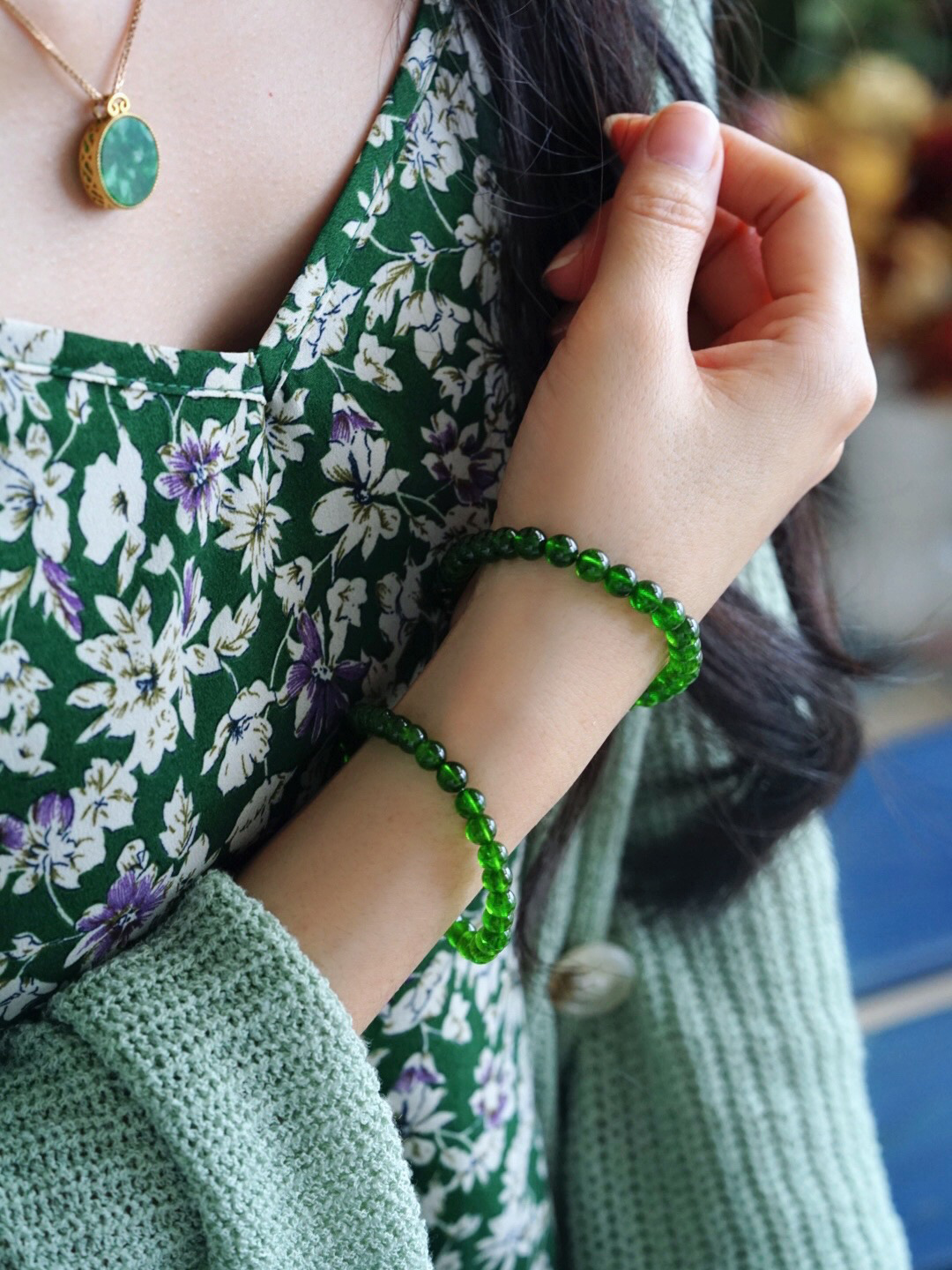 ウィーピングストーン 天然グリーンクロムダイオプサイドブレスレット エメラルドシングルループブレスレット シベリアエメラルド レディース