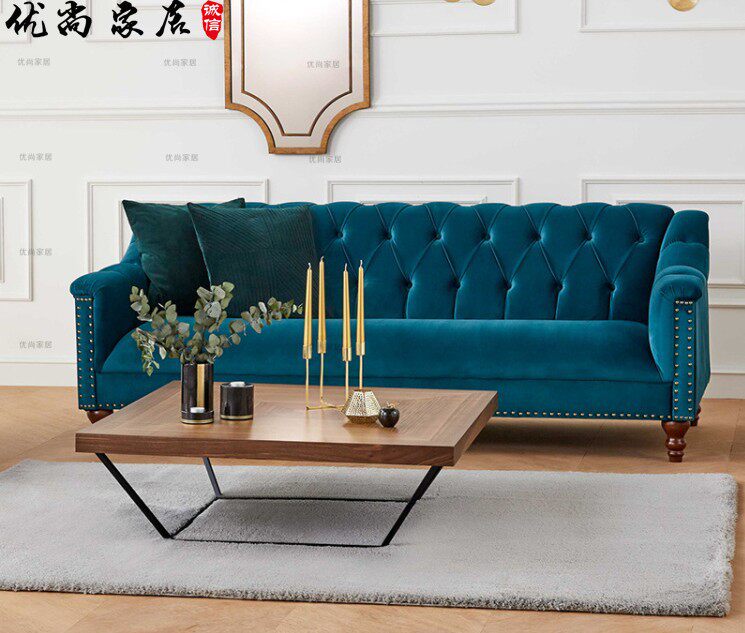 American-style fabric small apartment single, double, and three-person combination hair Nordic club hotel model room blue flannel sofa