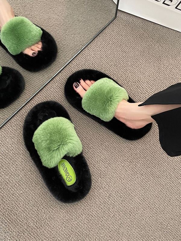 Japanese Light Luxury Popular Furry Slippers for Women, Winter Outdoor Wear, High-End Feel, Internet-Famous Thick-Soled Plush Slip-On Cotton Slippers for Spring and Autumn
