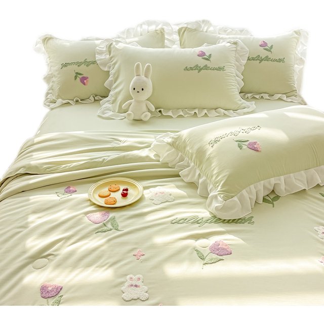 Princess style embroidered tulip lace summer cool quilt bed sheet four-piece set pure cotton-conditioning thin quilt single piece girly heart