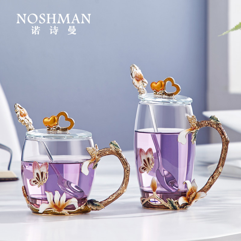 Jade Orchid Enamel Color Flower Tea Cup Shake FAIRY WATER CUP HIGH FACE VALUE CRYSTAL GLASS CUP LIGHT AND LUXURIOUS HOME BUBBLE TEA CUP