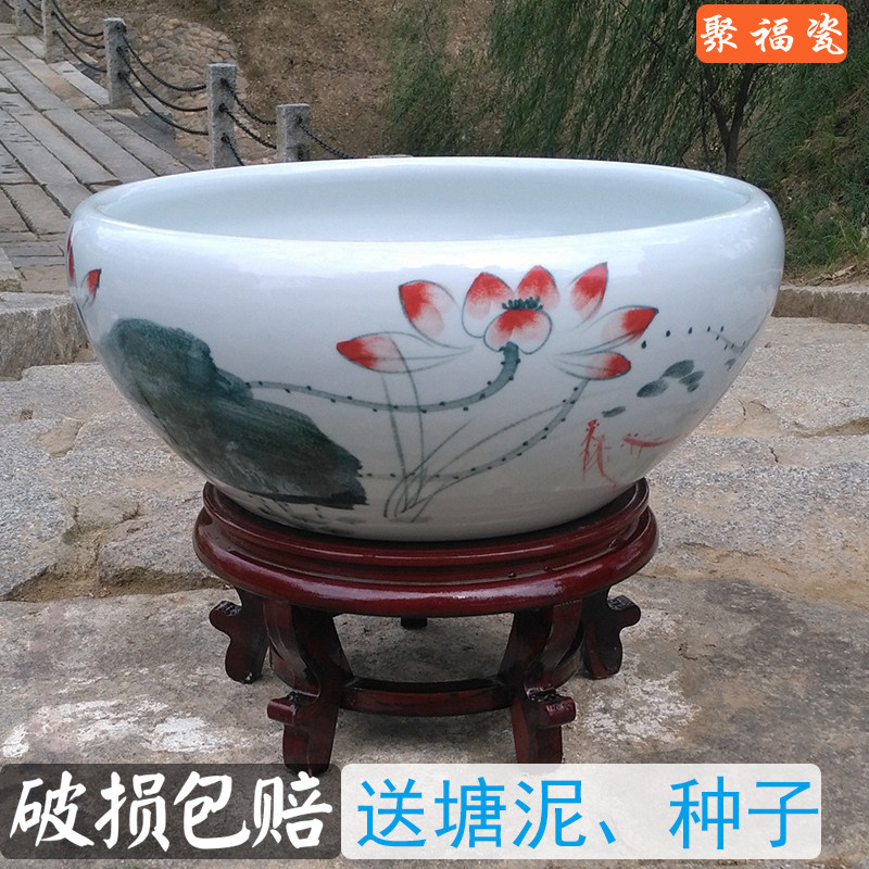 Jingdezhen ceramic flowerpot water lily cylinder bowl lotus narcissus basin large turtle cylinder gardening decoration hydroponic flowerpot goldfish tank