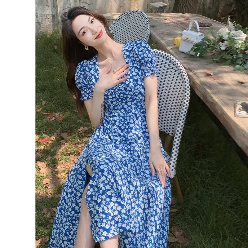 French Floral Dress with a Silk-Like Texture, Unique, Soft, Silky and Drapey, Slit Long Dress, Playful and Elegant
