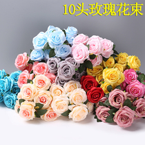 Fake flower rose bouquet home dining table potted ornaments silk dried flower decoration flower simulation 10 heads holding roses in hand