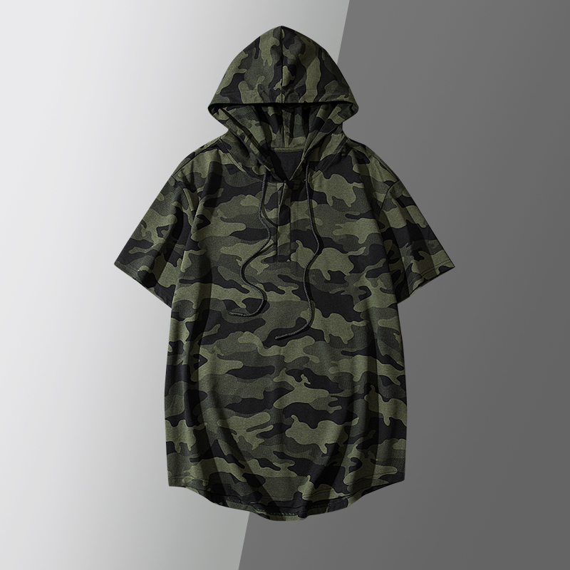Camouflage Hooded Short-Sleeved Sweatshirt for Men, Summer Casual, Personalized Military Outdoor Loose T-Shirt Hoodie, Men's Half-Sleeved Top