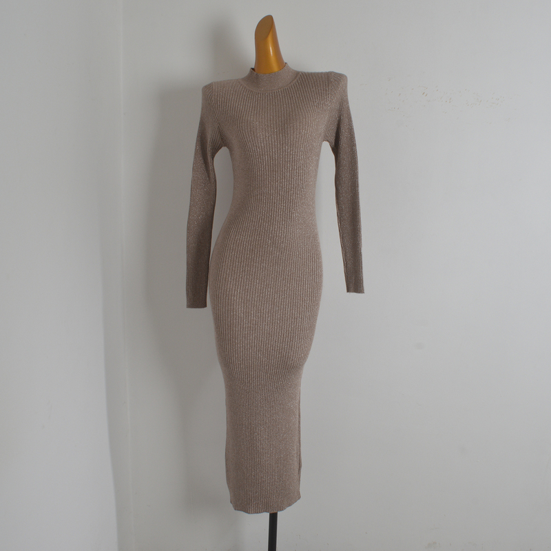 Foreign Trade Single-Piece Half-High Collar Knitted Dress for Autumn and Winter, Slim-Fit Long Base Sweater Dress, Bodycon Skirt