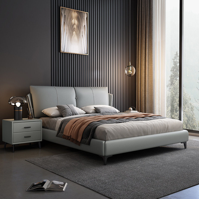 Nordic Italian style minimalist solid wood frame metal foot double bed imported half silicone leather fit bed head cabinet combination new-Taobao