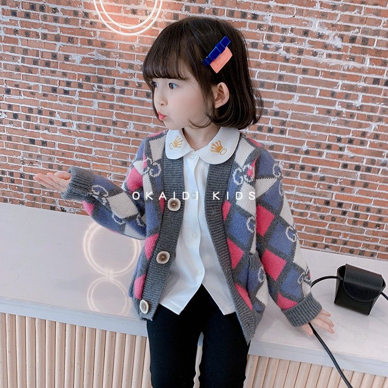 OKAIDI French girls spring and autumn 2022 new knitted cardigan children's Western style fashionable plaid sweater jacket tide