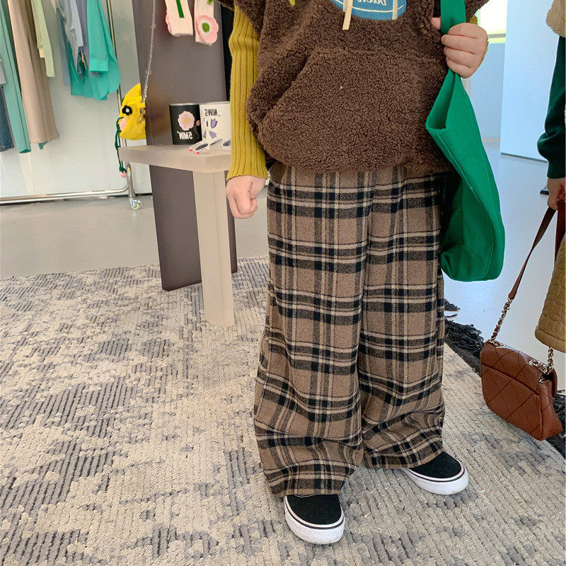 OKAIDI French girls wide leg pants autumn and winter boys and girls plaid casual pants baby net red loose straight trousers