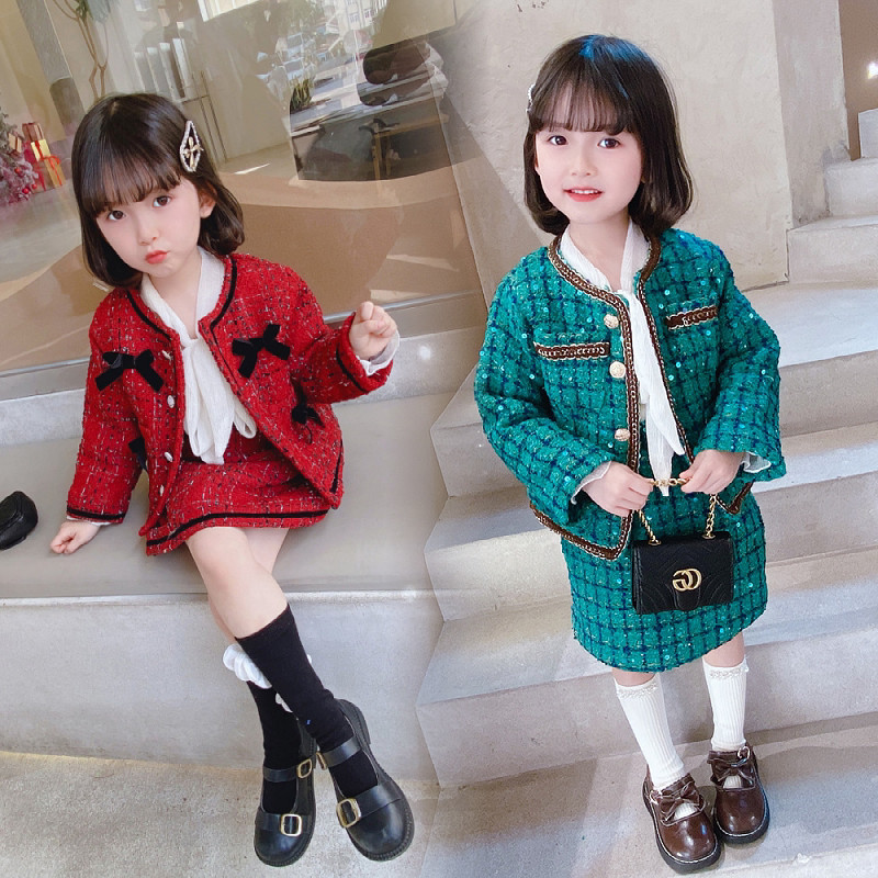 OKAIDI French girl 2022 spring and autumn small fragrant wind suit Children's Korean version Korean version Long sleeve dress Two sets