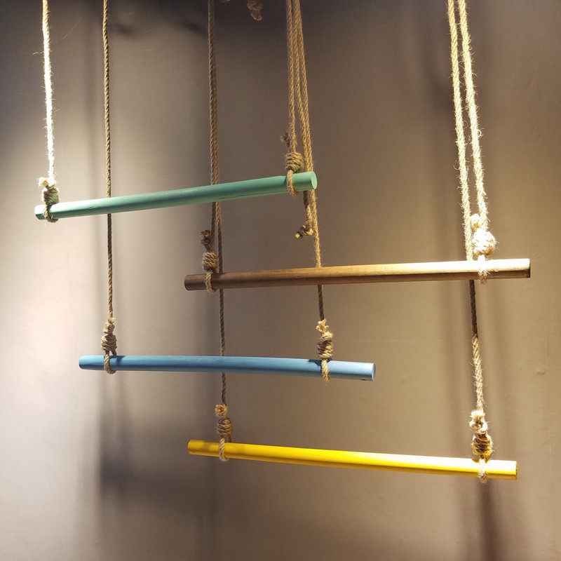 Clothing rack solid wood hanger vintage wooden stick hemp rope hanging ring hanging steel wire on the wall hanging ring hanging clothes display stand