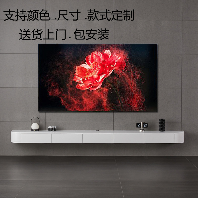 White solid wood paint suspended TV cabinet small apartment suspended wall hanging modern minimalist suspended living room cream style