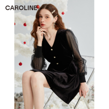 CAROLINE 2023 Autumn New Style High Grade Velvet Mesh Splice Dress ECRDCA54