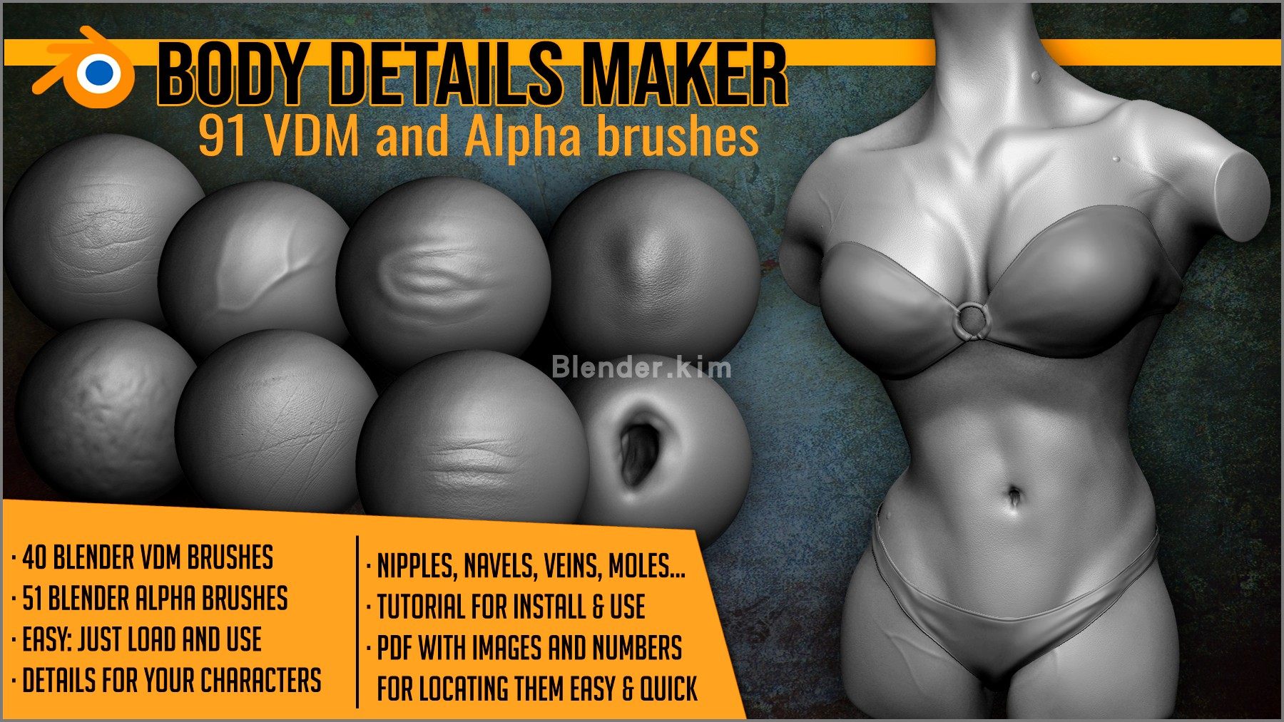 身体细节雕刻笔刷 Body Details Brushes - Blender笔刷-魔酷网
