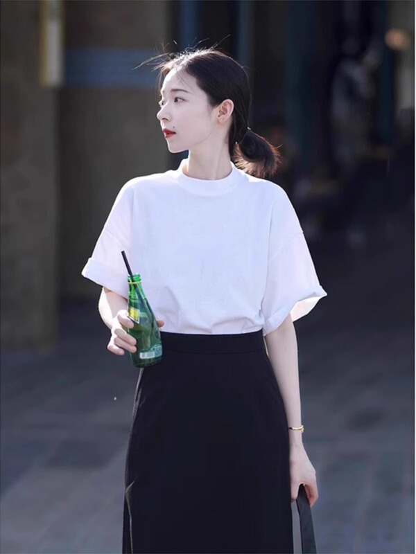 Pure Cotton White Off-Shoulder Loose Versatile Short-Sleeve T-Shirt for Women, Summer Hot-Selling Style with Small Stand Collar, Solid Color, Age-Reducing Half-Sleeve Top