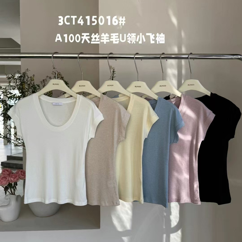 Runxi Runxi5016-3 Trendy U-Neck Short-Sleeve T-Shirt with Flutter Sleeves, Tencel Wool, Slimming, Sleeveless, Short-Sleeve, Summer