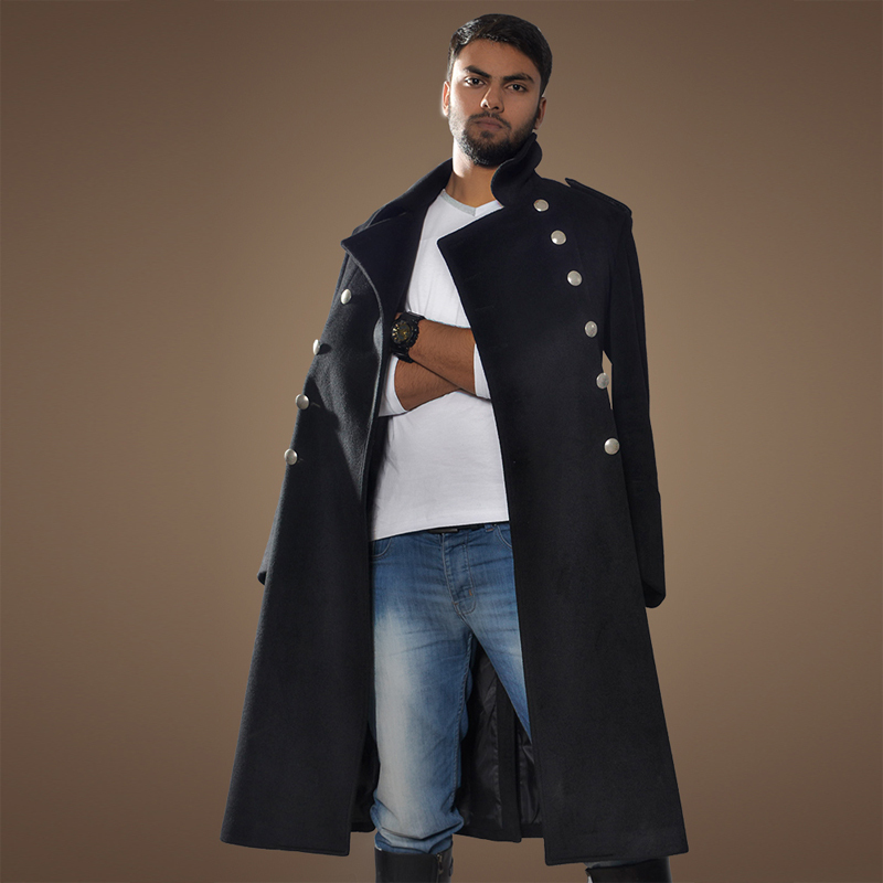 Wool German-Style Trench Coat for Men, German Military Woolen Overcoat, Woolen Mid-Length Double-Breasted Thickened Winter Coat