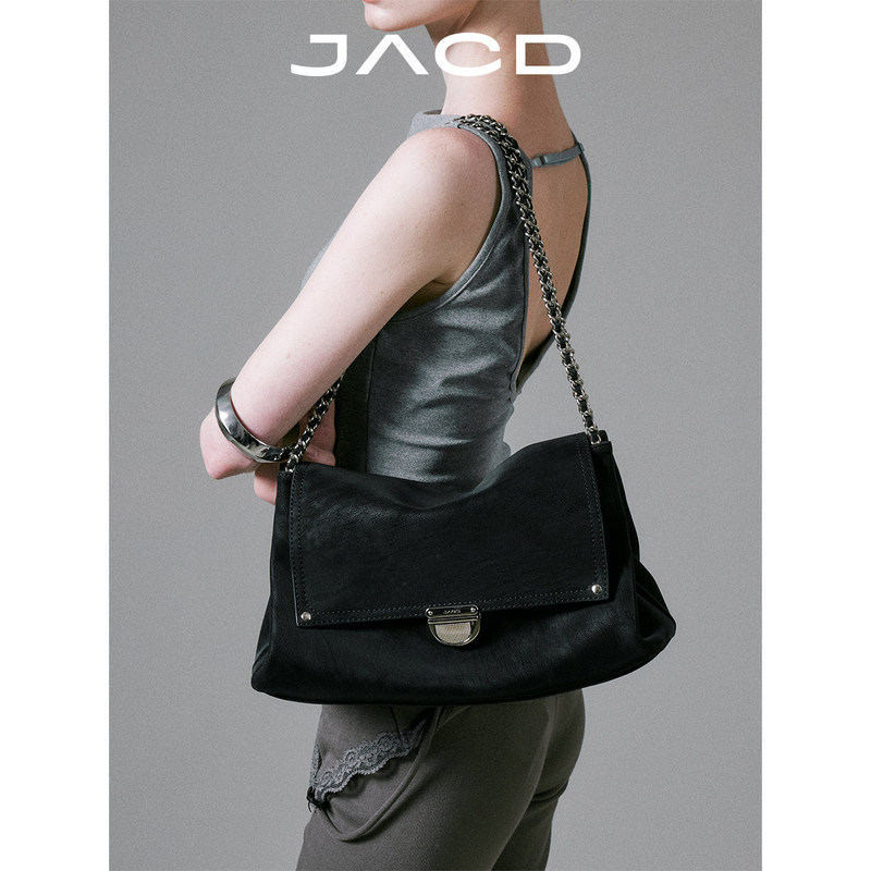 Jacd Black Genuine Leather Tote Bag for Women 2026 New Original Niche Chain Crossbody Bag Large Capacity Commuter Bag