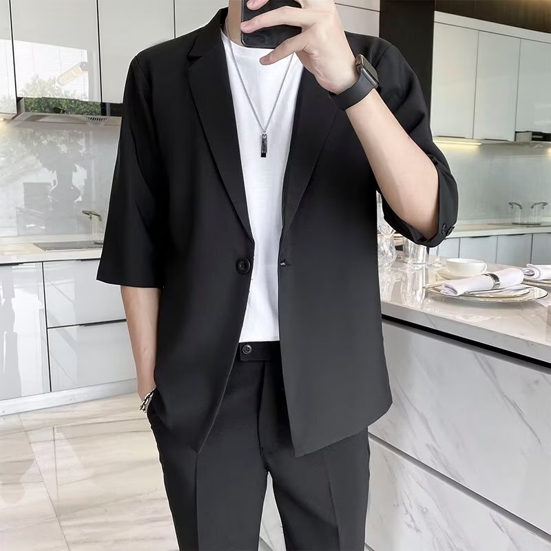 Short-Sleeved Blazer for Men, Spring Casual Three-Quarter Sleeve Jacket, Korean Style Trendy Half-Sleeve Mid-Sleeve Suit Set