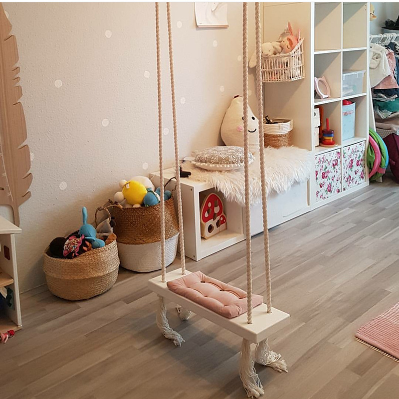 INS wind indoor swing hanging chair Children's room decoration solid wood board Cotton rope toy household hanging ceiling hanging swing