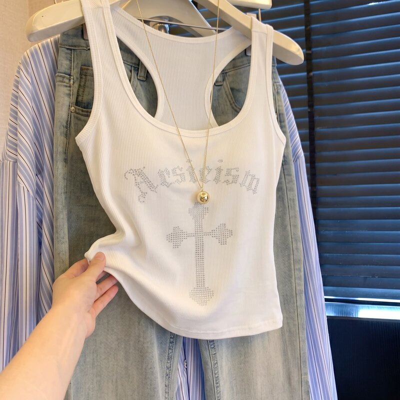 Y2K Millennium Style Rhinestone Cross Vest for Women, Summer Sleeveless Top with Chest Pads, Beautiful Back Design, Short Top That Covers Side Breasts