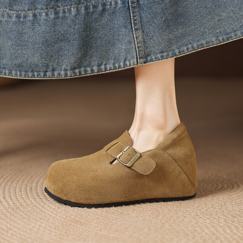 7cm High-Heeled Platform Shoes for Women, British Style Birkenstock Shoes, Platform Sole with Internal Height Increase, Cowhide Leather Height-Increasing Shoes for Petite Individuals